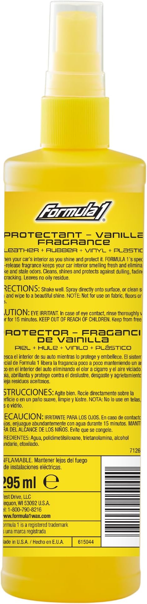 Formula 1 Interior Detailing Protectant Spray, Car Interior Cleaner with Lasting Vanilla Fragrance and UV Protection, Safe for Vinyl, Rubber, Plastic, & Dashboard - 10oz