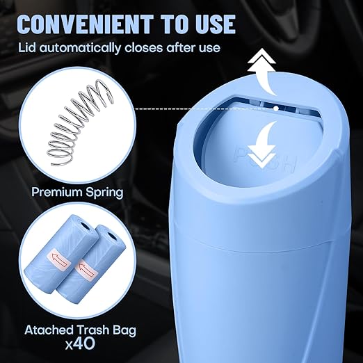 Car Trash Can Bin with Lid - 2 Packs Car Garbage Can Cup Holder - Blue Mini Leakproof Vehicle Garbage Bin with 40pcs Trash Bags-Automobile Organizers and Storage for Front Back Seat Accessories