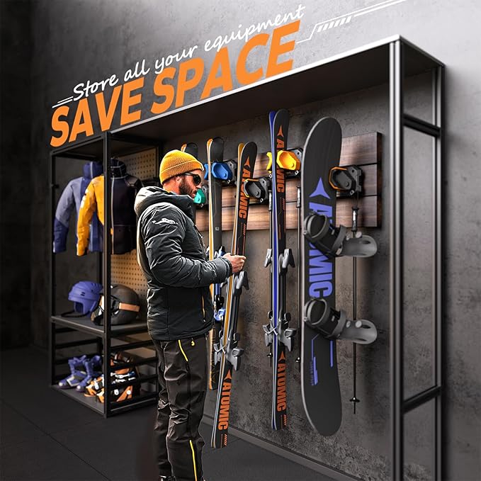 Ski & Snowboard Wall Rack for Garage - Fits Any Board, Wall Mount Holders, Damage-Free Storage, Space-Saving Winter Gear Organizer