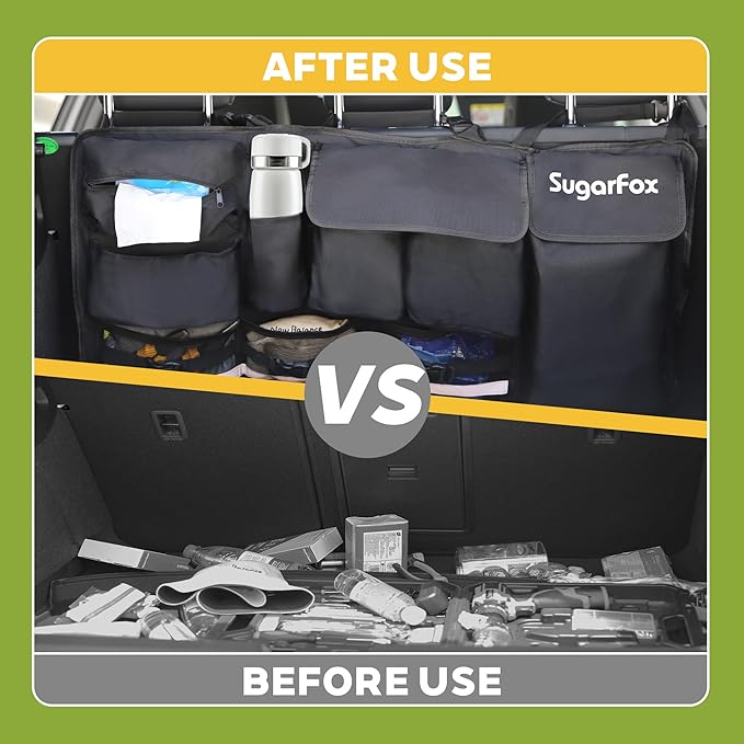 Backseat Hanging Trunk Organizer for SUVs, Cars, Trucks & MPVs | Multi-Pocket Storage with Anti-Slip Straps | Space-Saving Auto Accessory | Gift for Drivers | Black, 37.8" x 18.1" - K230