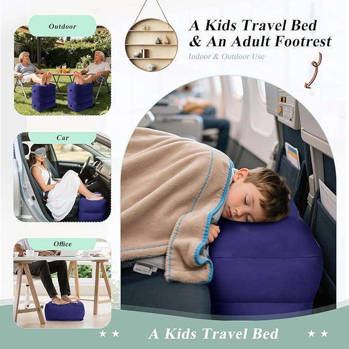 Inflatable Foot Rest Pillow for Airplane - Kids Car Bed with 3 Layers Height Adjustable,Portable Leg Rest for Under Desk,Travel Essentials Great for Office,Home,On Road,Leak-Proof