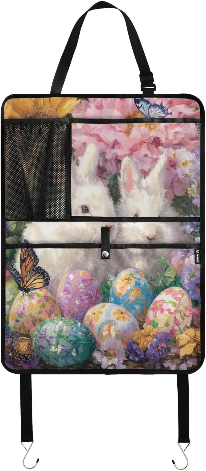 1 Pack Back Seat Car Organizer with Storage Pockets Kick Mats Back Seat Protector Hanging Car Organizer Automotive Seat Back Cover Organizers Easter Bunny Eggs Sunlowers