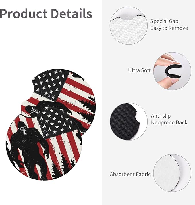 Bigfoot 4th of July Vintage America Flag Car Coasters for Cup Holders Pack of 2 Neoprene Cup Mat Pad Vehicle Interior Accessories for Men Women