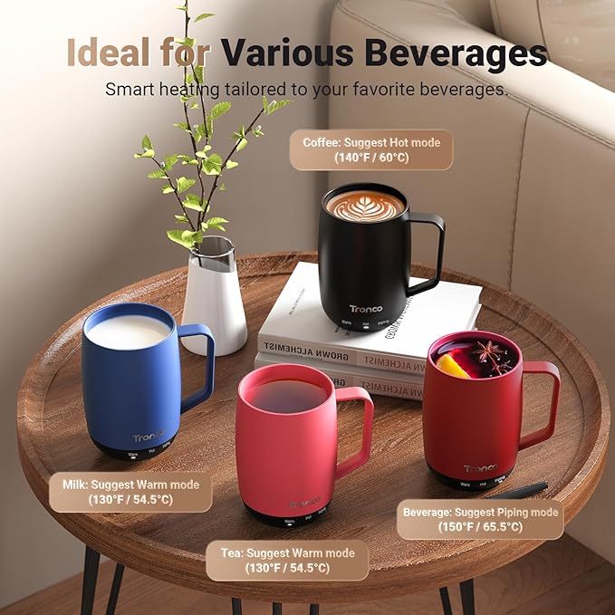 Tronco Temperature Control Heated Coffee Mug 14 oz – Rechargeable Self-Heating Coffee Cup with Lid – Manual Control, 3 Modes, 130 Min Battery Life, Auto Shut-Off (Rose)