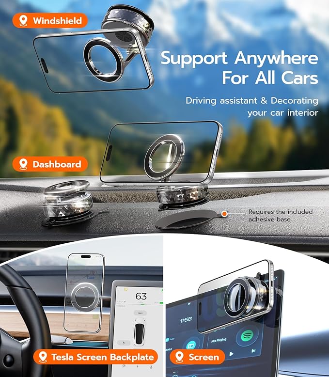 Meifigno Magnetic Car Phone Holder for Tesla Screen & Backplate,[All-Metal] 360° Rotation Vacuum Suction Cup Car Phone Mount for Magsafe, Foldable Car Phone Holders for Your Car for iPhone Android