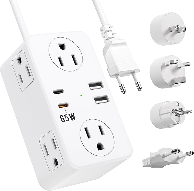 European Travel Plug Adapter, EU/UK/US Travel Adapter Power Strip, 6 AC Outlets, 65W USB C Power Delivery, 3ft Wrapped Around Extension Cord, Compact for Travel