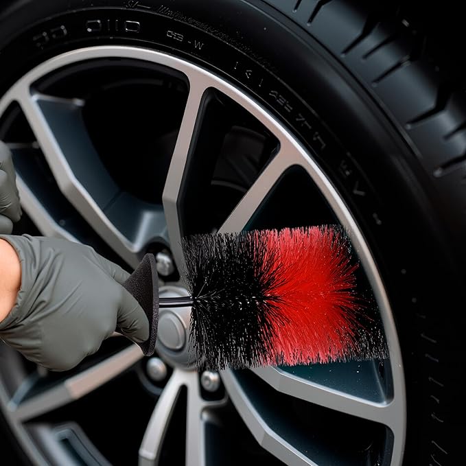 (Upgraded) TAKAVU Premium Wheel & Tire Brush, Long Bristle Detailing Brush for Effortless Rim & Tire Cleaning, Non-Slip Handle, Built-in Knuckle Guard, Deep Reach for Brake Dust & Dirt Removal (Red)