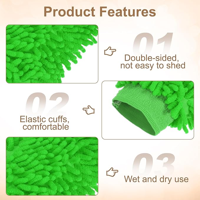 HARFINGTON 2pcs Premium Chenille Microfiber Car Wash Mitts 9.8" x 7.9" Scratch Free Wash Gloves Absorbent Double Sided Plush Cleaning Drying Mitts for Car Washing Home Green