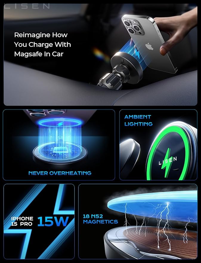 LISEN for 15W MagSafe Car Mount Charger,Magnetic Wireless Car Charger for iPhone 17 Pro Max Accessories,Magnetic Phone Holder for iPhone 17-12,Samsung,Pixel 9,Jeep Ford F150 Accessories,Gifts for Men