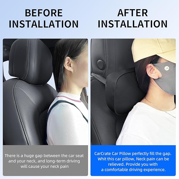 CarCarte Car Headrest Pillow, 2 Pack Car Neck Pillows for Neck Support, Super Soft Ergonomic Du-Pont Bio Cotton Head Rest Pillow for Driving Travel Pillow with Adjustable Strap (Black, Shaped Style)