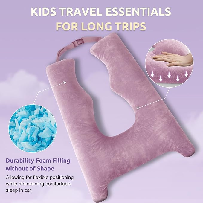 Car Pillow for Kids, Travel Pillow with Adjustable Strap, U-Shaped Pillow for Adults and Children to Support Head and Body Road Trip Essentials (Purple)