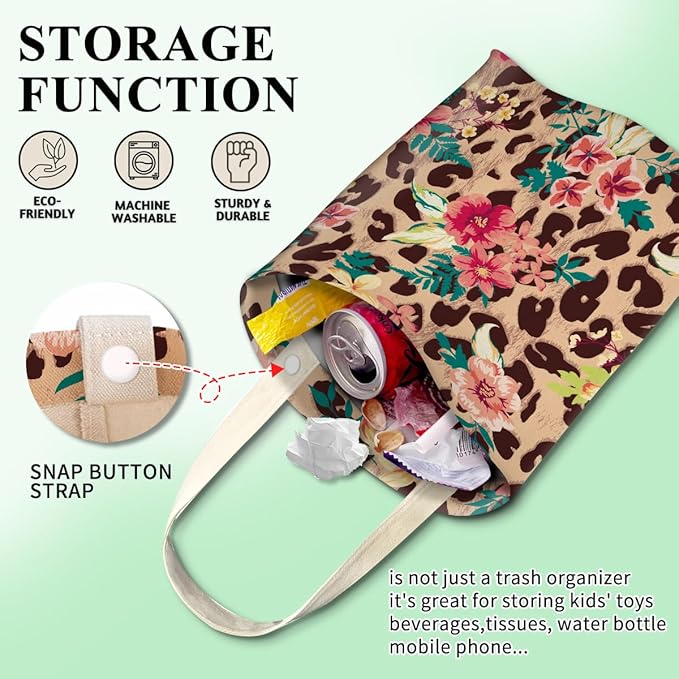 Cute Car Trash Can, Hanging Car Organizer, Vintage Foral Leopard