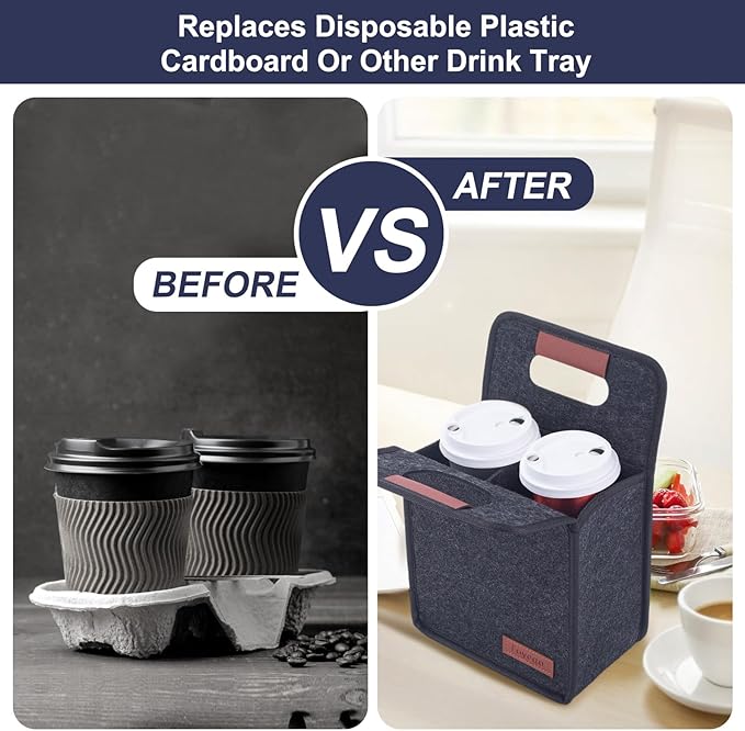 Portable Drink Holder - Foldable Travel Carrier with Reusable Insulated Cofee Cup, 2 Cup Holder, Free Your Hands