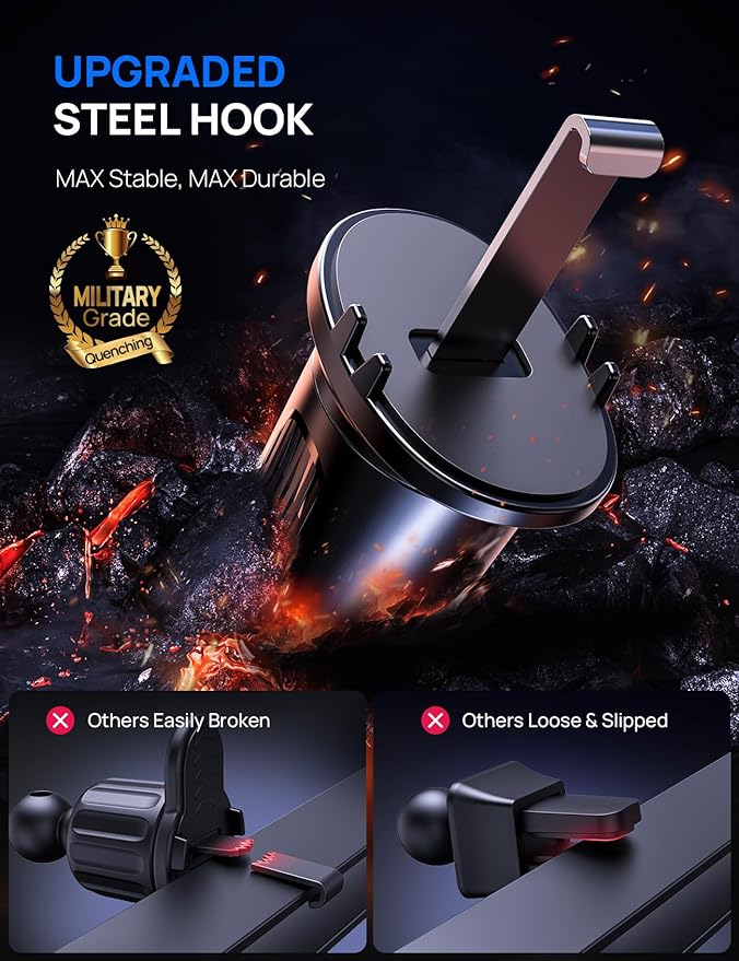 Firm-hold Air Vent Car Phone Holder for iPhone,Rotatable Universal Phone Mount with Adjustable Wide Clamp Metal Hook,Anti-vibration,Single-press Release,Heat-resistant,(Upgrade Hook Clip Never Shake)
