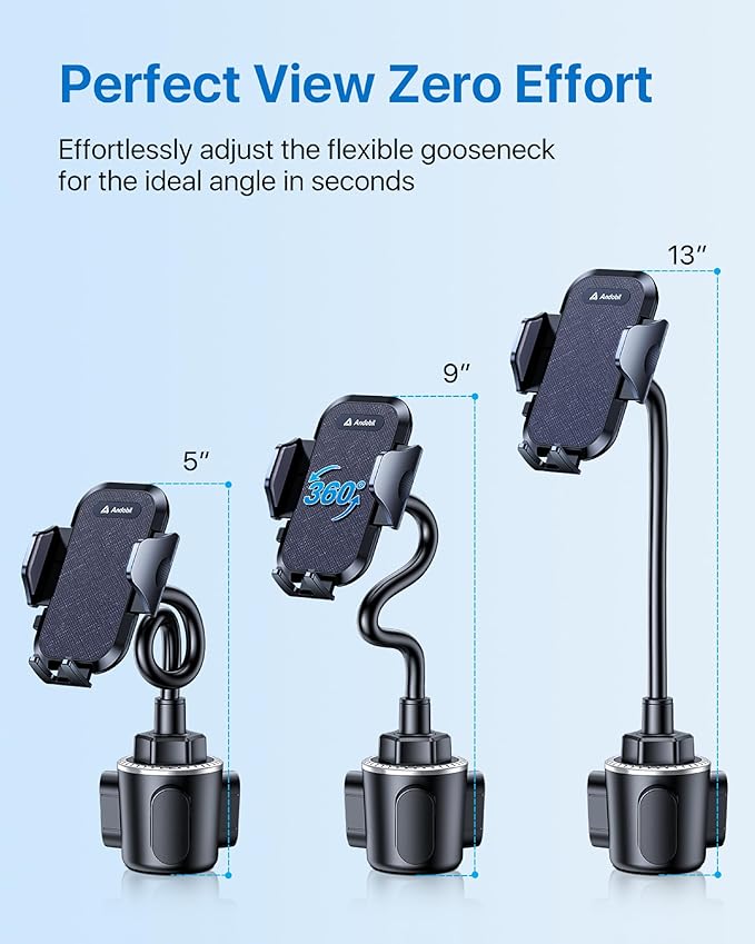 andobil Military-Grade Cup Phone Holder for Car/Truck, [2026 Enhanced] 13" 360° Adjustable Gooseneck w/Anti-Shake Car Mount, Universal Car Phone Holder for iPhone/Samsung All 4.0-7.0" Devices, Blue