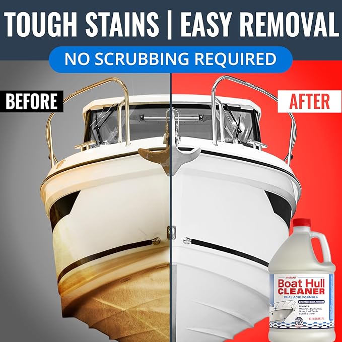 [1 Galllon] Instant Boat Hull Cleaner - Made in USA - Powerful Dual Acid Formula Easily Removes Scum Lines, Rust Stains, Hard Waterlines, & More from Fiberglass, Gelcoat & Painted Boat Surfaces