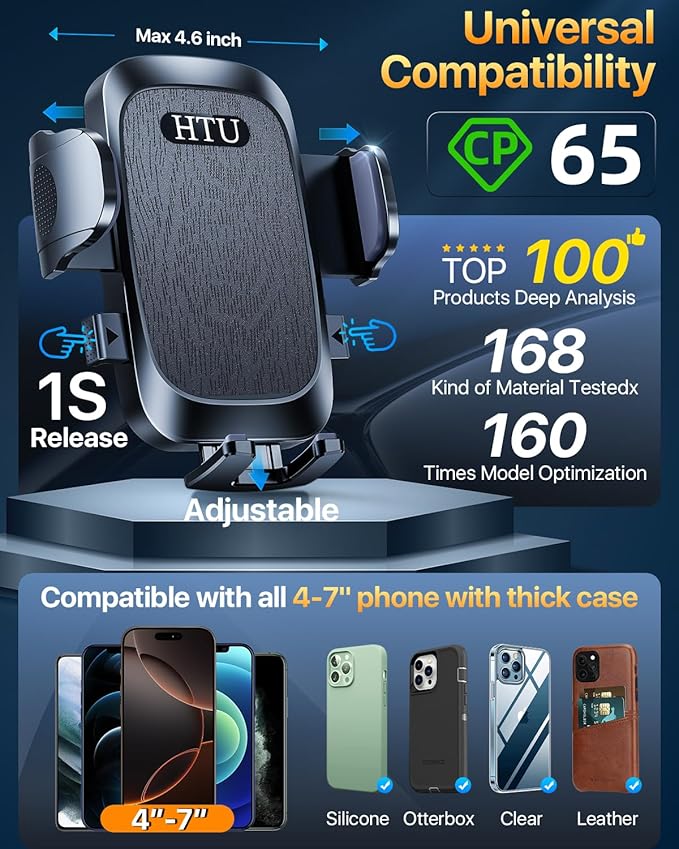HTU 【98+LBS Strongest Suction & Military-Grade】 Ultimate Car Phone Mount【Patent & Safety Certs】 Cell Phone Holder Truck Stand for Dashboard Windshield Vent for iPhone 17 Pro Max 16 15 Samsung (Black)