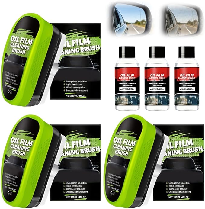 [3 Set] Automotive Oil Film Cleaning Brush with 60ML Cleaning Liquid, Glass Cleaning Wipe Board Windshield Cleaner Car Glass Oil Film Cleaner for Windshield Improves Clarity & Visibility (Green)