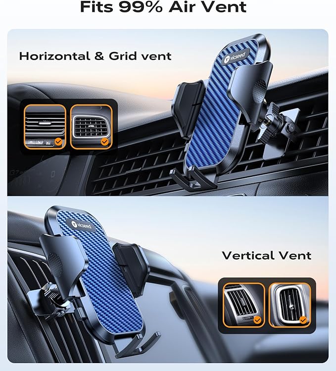 VICSEED Phone Mount for Car with Double Lock Clip, Air Vent Cell Phone Car Mount, Universal Car Phone Holder, 360° Rotation Easy Clamp Phone Stand for iPhone 17 Pro Max Android Samsung, Blue
