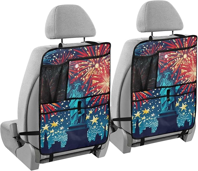 July 4th Fireworks Statue Of Liberty Blue 1 Pack Backseat Car Organizer with Storage Pockets Seat Back Organizers for Kids Kick Mats Backseat Protector Automotive