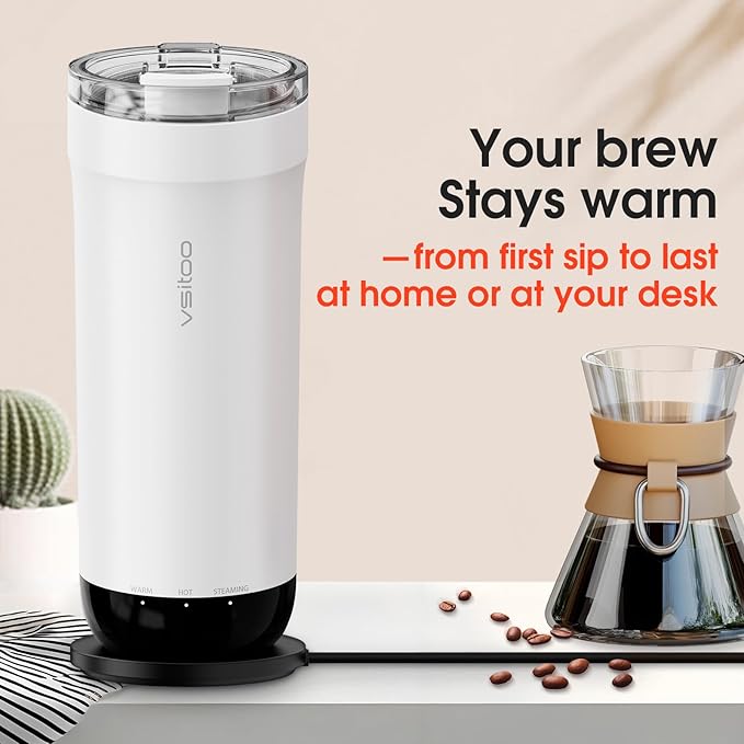 VSITOO S5 heated travel mug,16oz, Auto-Sensing AI Heats Drinks To 120-150°F Hands-Free. Temperature Control for All Cars, Perfect for Home/Office/Travel/Outdoor, Ideal Gift for Coffee Lovers - White