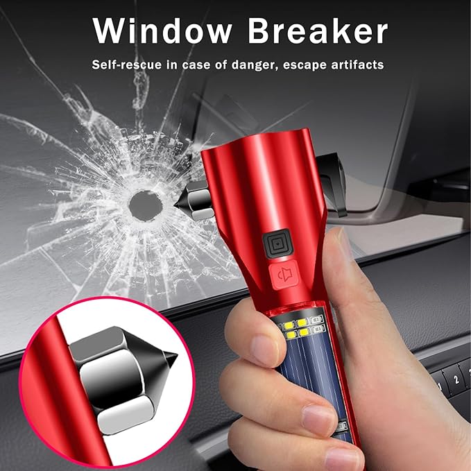 Car Glass Breaker Hammer with Flashlight, Multi-Function Rechargeable Emergency Escape tools with Window Breaker and Seatbelt Cutters,Bright Solar Torch， RescueAlarm Rescue, Strobe SOS Beacon