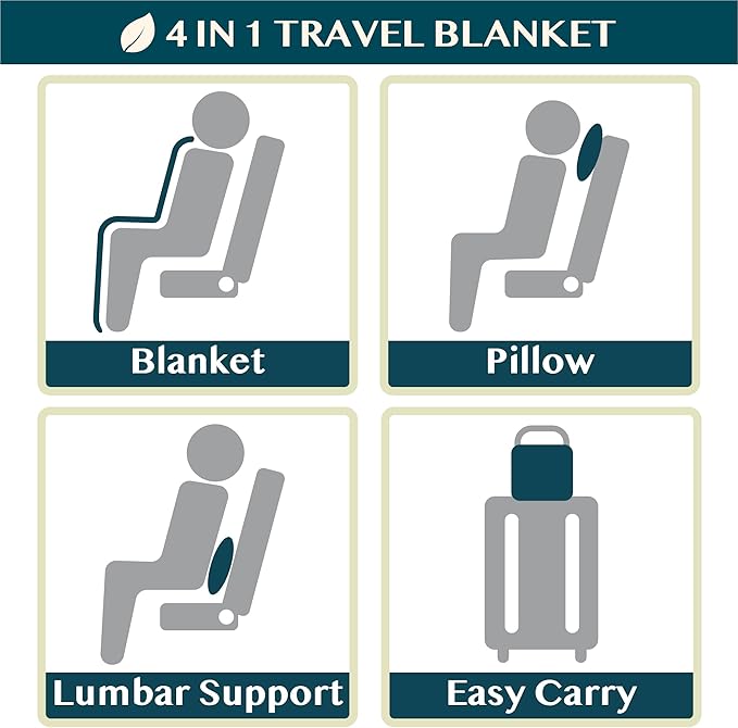 PAVILIA Travel Blanket Pillow, Soft Airplane Blanket 2-IN-1 Combo Set, Plane Blanket Compact Packable, Flight Essentials Car Pillow, Travelers Gifts Accessories Luggage Backpack Strap, 60x43 Teal Blue