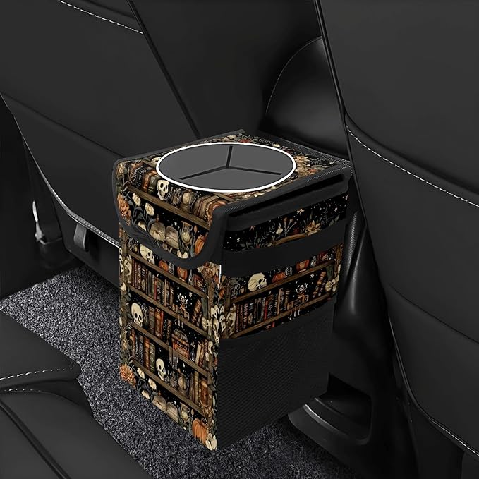 Gothic Skull Floral Car Trash Can with Lid Collapsible Reusable Waterproof Car Garage Bag,Automotive Garbage Can,Car Accessories Interior Car Organizer