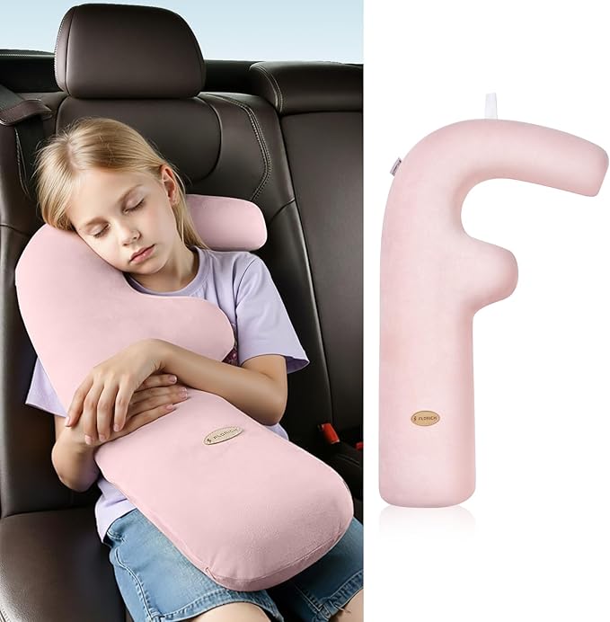 FLORICH Memory Foam Kids Travel Pillow, Car Sleeping Pillow, F-Shape Car Pillows for Adults and Children, Traveling Car Pillow for Kids with Removable Pillowcase (Pink)
