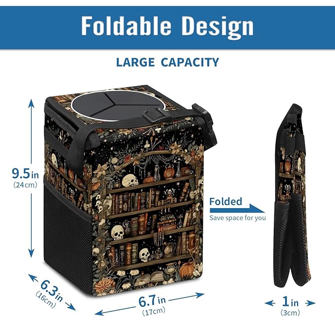 Gothic Skull Floral Car Trash Can with Lid Collapsible Reusable Waterproof Car Garage Bag,Automotive Garbage Can,Car Accessories Interior Car Organizer