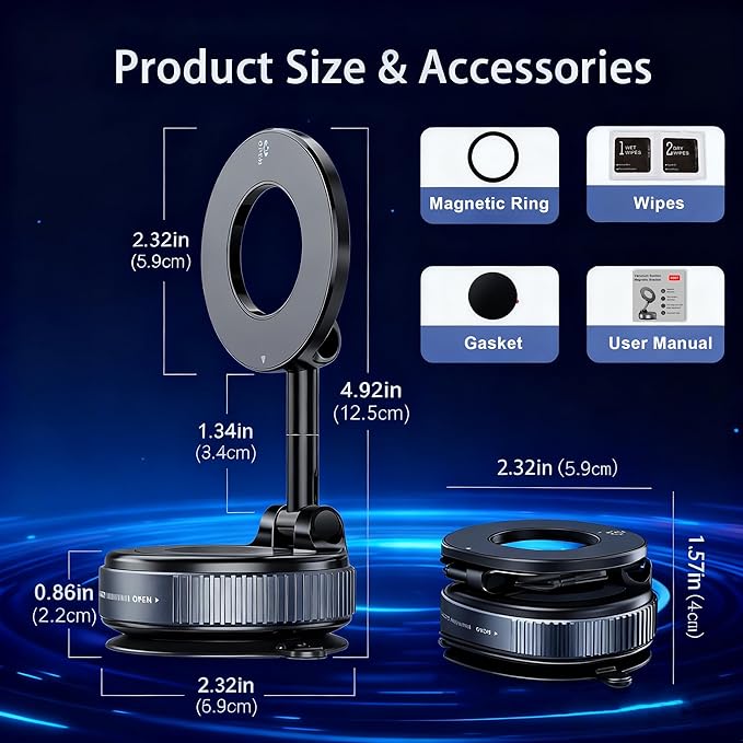 Strong Magnetic Car Phone Holder for MagSafe with Vacuum Suction Cup, Foldable and Retractable, 360° Rotation Phone Mount for iPhone 12 13 14 15 16 17 and Android Smartphones, Black