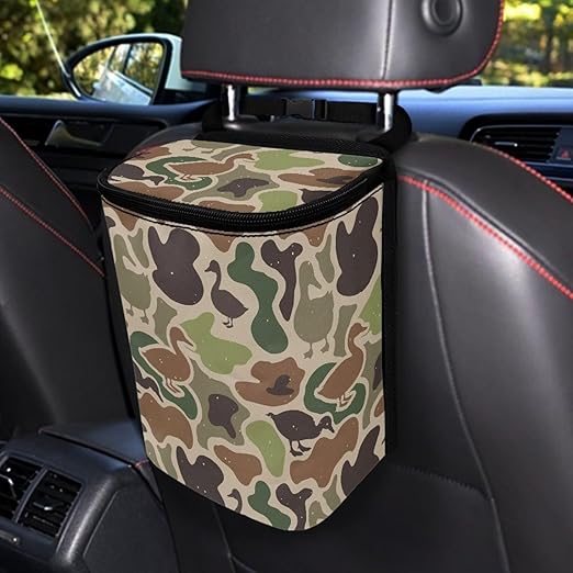 Duck Camouflage Car Trash Can with Adjustable Straps Car Trash Bin Auto Garbage Bag Multipurpose Storage Box for Vehicle Travel Camping Picnicing, Green