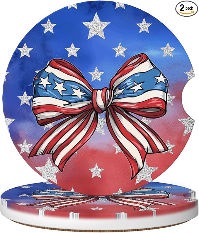 Absorbent Car Coasters for Cup Holders, 2 Pack Universal Anti Slip Ceramic Cup Coaster for Women Men 2.56 Inch Car Interior Accessories - Bow Tie Stars and Stripes 019