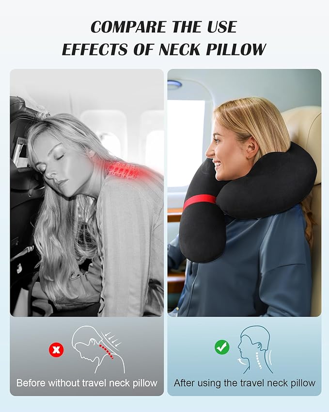 Patented Design Inflatable Travel Neck Pillow – Airplane Neck Pillow with 360° Head & Neck Support, Soft Washable Velvet Cover, Compact Neck Support Pillow for Airplane,Train,Car,Office & Home (Black)