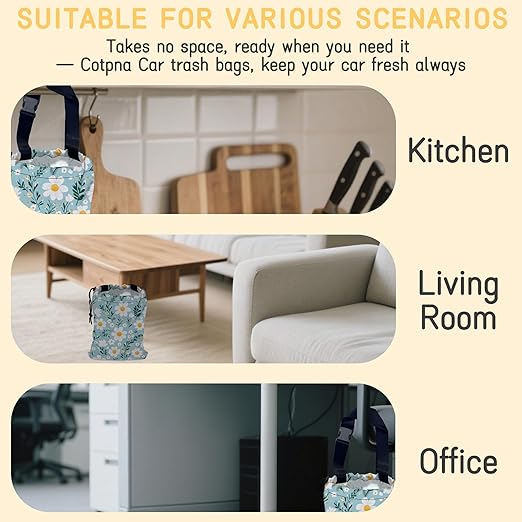 Blooming Flowers Car Trash Bag, Hanging Drawstring Car Garbage Bag,Canvas Car Back Seat Organizer with Adjustable Buckle for Men and Women