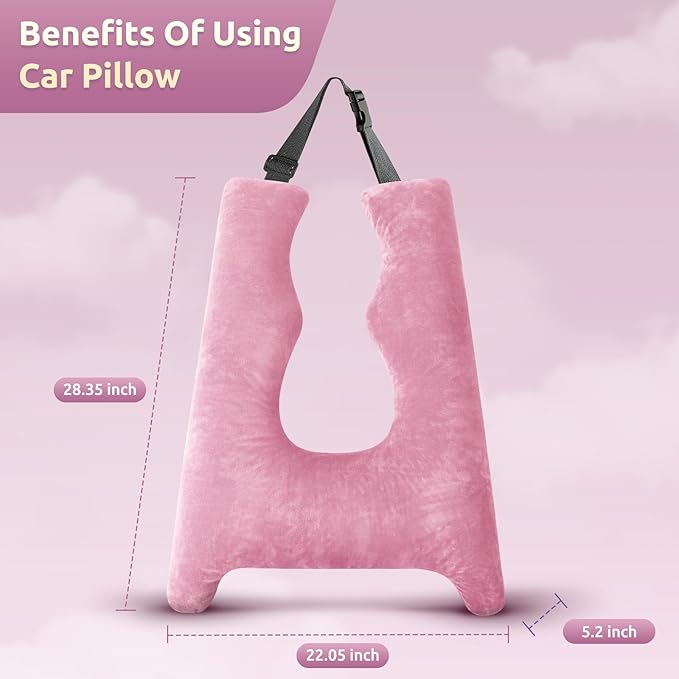 Car Pillow for Kids, Travel Pillow with Adjustable Strap, U-Shaped Pillow for Adults and Children to Support Head and Body Road Trip Essentials (Pink)