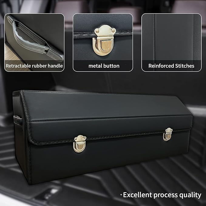 Trunk Organizer for Car With Lid,Foldable Trunk Organizer for SUVs & Sedans,Multi-Functional Leather Storage Box- Black - Large