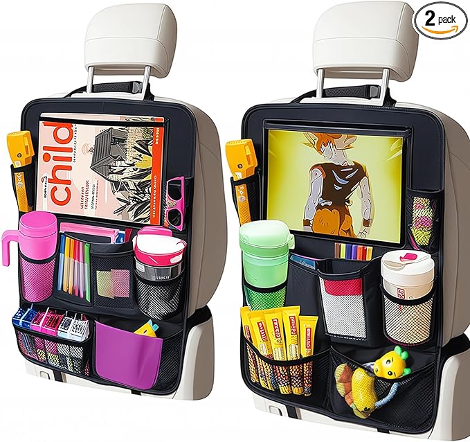 Car Organizer Kick Mats Back Seat Protector, Car Back Seat Organizer with Tablet Holder Pocket for Kids, Travel Accessories with 10 Storage Pockets, 2 Pack