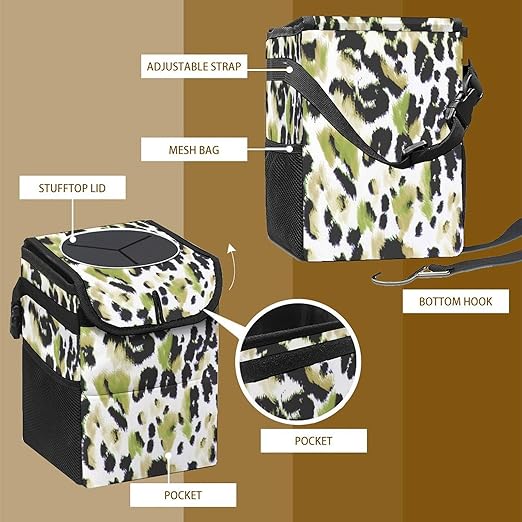 Leopard Print Car Trash Can with Lid - Collapsible Reusable Waterproof Garage Bag,Automotive Garbage Can,Car Accessories Interior Organizer