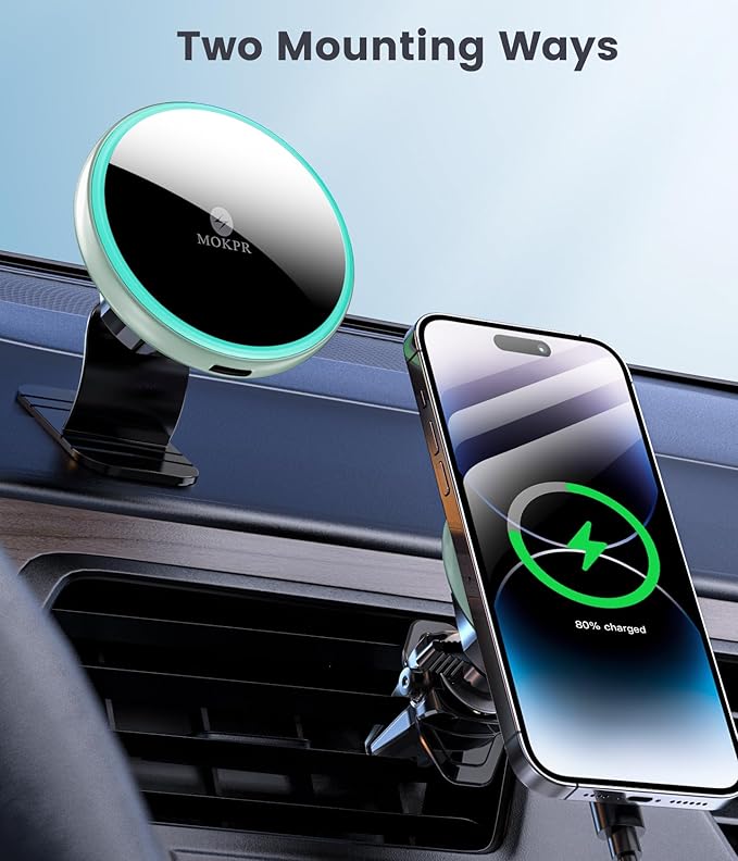 MOKPR for Magsafe Car Mount Charger-15W Wireless Car Charger-Magnetic Car Phone Holder for Dash Air Vent-LED RGB HandsFree Car Mount Fast Car Charger for iPhone 16 15/14/13/12 Series Green