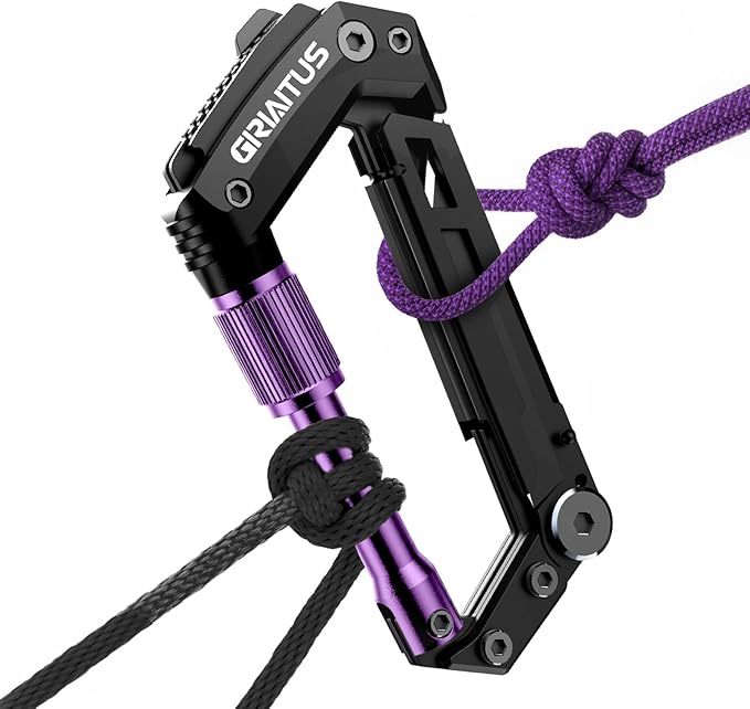 Carabiner Multitool with Pocket Knives, EDC Carabiners, Serrated Knife, Rope Cutter, Screwdriver, Can Bottle Opener, Ruler, Folding Knife for Camping Hiking, Gifts for Men (Purple)