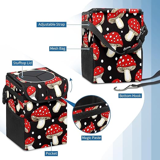 Car Trash Can with Lid & Multiple Pockets,Foldable Vehicle Garbage Bin Waterproof & Leak Proof Automotive Garbage Cans Car Accessories for Women Men Road Trip Essentials Mushrooms