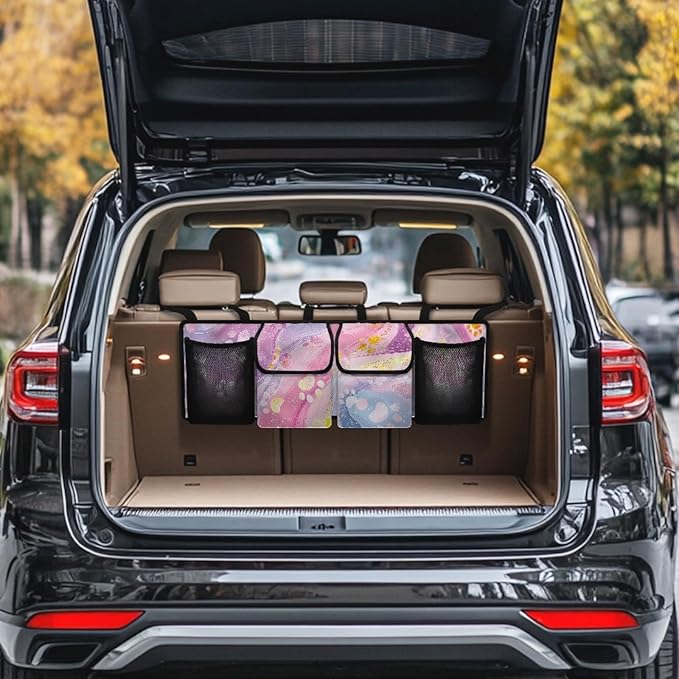 CLOHOMIN Colorful Marble Print Trunk Organizer for Sedan SUV Van Cute Dog Paw Car Organizer Hanging Auto Cargo Storage with 4 Pockets Foldable Car Trunk Storage Bag Auto Interior Accessories