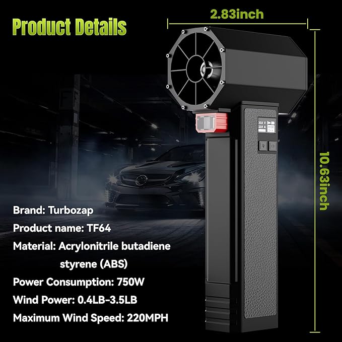 Oversize Turbo Dryer Blower for Car, 220MPH/420CFM Portable Cordless Leaf Blower, Maximum Power 750W & 3.5 LB Thrust for Patio Cleaning, Lawn Careand Car Drying (Pencil Black)