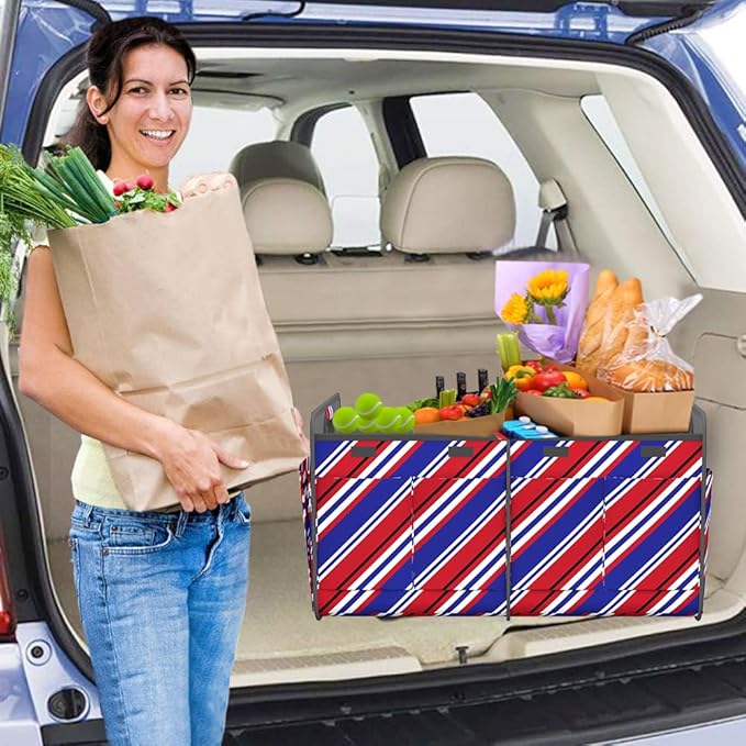 Homeve Trunk Organizer, Car Storage, Reinforced Handles, Collapsible Multi-Compartment Car Organizers, Foldable, Waterproof, 600D Oxford Polyester (Red Blue Twill, 2 Compart)