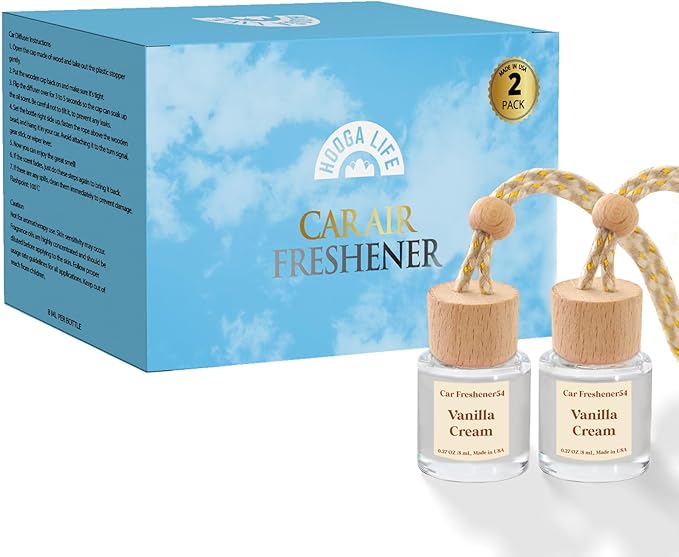 HoogaLife Car Air Freshener Diffuser 2 Pack Hanging Air Freshener Diffuser - Vanilla Cream Fragrance Oil Air D iffuser for Car, 45+ days Long Lasting Fragrance Made in USA C ar Air Fresheners (V54)