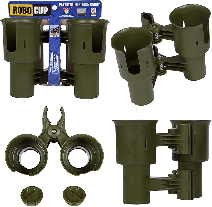 ROBOCUP, Patented Boat Cup Holder, Clamp on Portable Storage Caddy Securely Holds 2 Drinks, Fishing Poles, Tools, Marine Gear | Perfect for Boating, Beach Umbrellas, Golf Carts