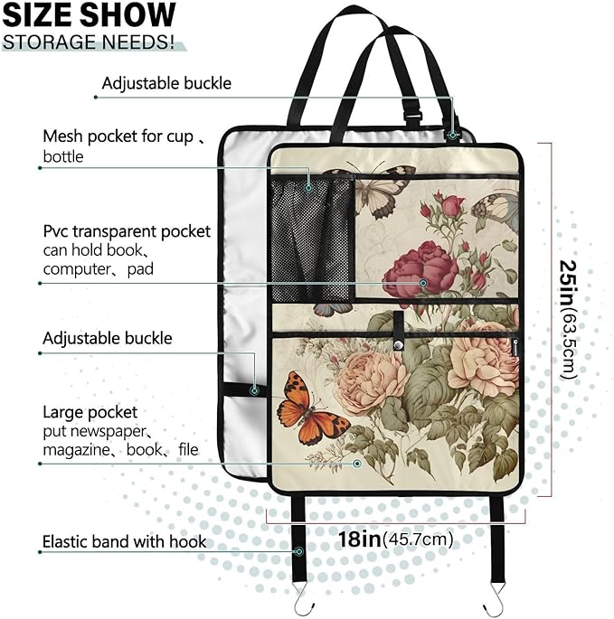 2 Pack Backseat Car Organizer with Storage Pockets Seat Back Organizers for Kids Kick Mats Backseat Protector Automotive Rose Painting