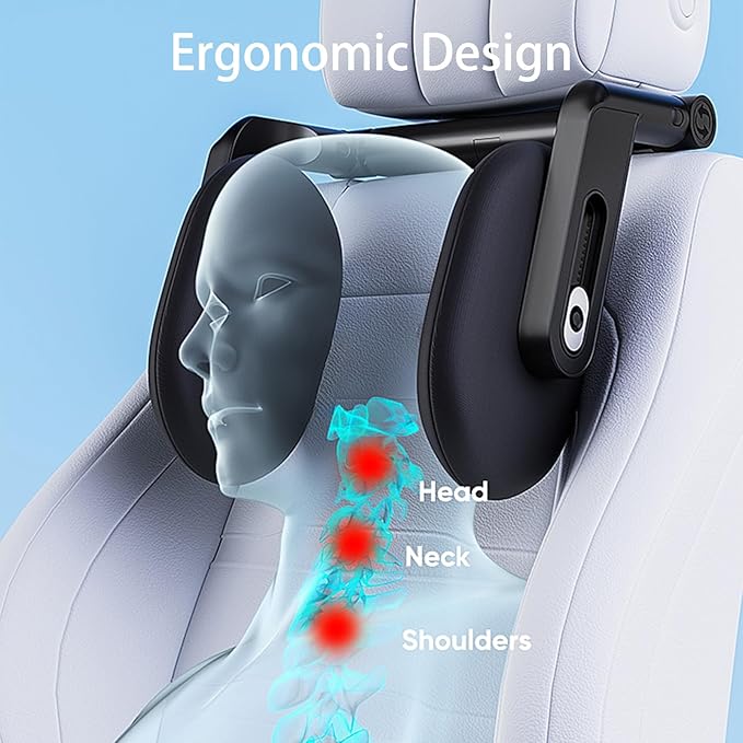 Car Headrest Pillow with Hook, Adjustable Car Seat Neck Support with Memory Foam & Ice Silk, 360° Rotating Travel Sleeping Headrest for Kids & Adults