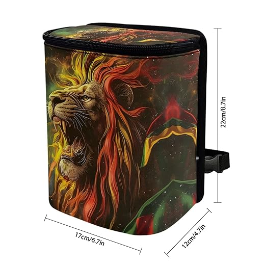 1.2 Gallons Car Trash Cans, Jamaican Rasta Lion Car Trash Can Small, Adjustable Hanging for Tail of Console/Back of Seat, Odor-Free with Zipper Leak-Proof Lid Design, Mini Size for Convenience